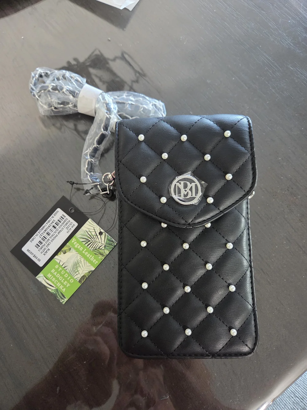 Badgley Mischka Black Quilted Crossbody Phone Case with Pearl Studs